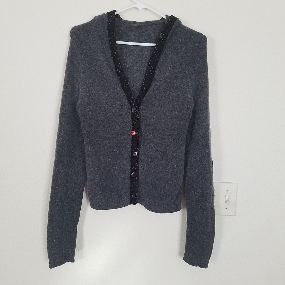 Free People Gray Button Hoodie Angora Wool Blend Elbow Patches Sweater Sz Small